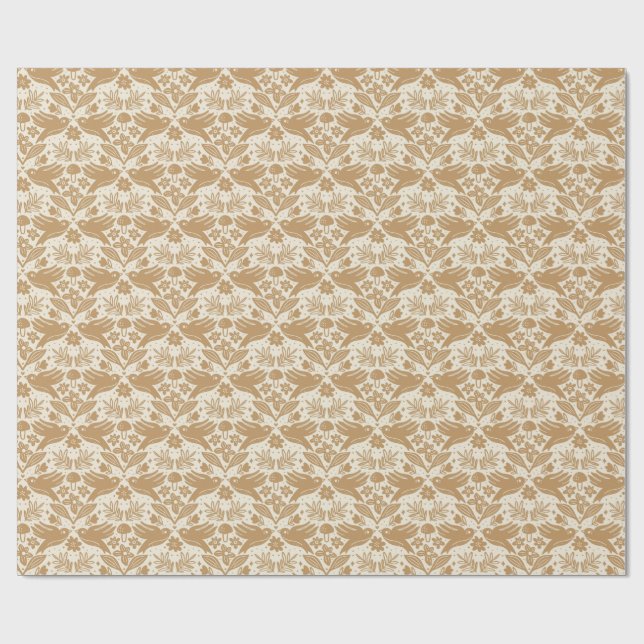 Papel De Regalo Block Print Birds with Florals | Beige & Gold Seam (Superficie plana)