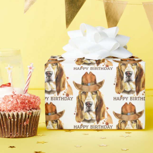 Papel De Regalo Bloodhound de cumpleaños con el Gorra Sheriff Cowb (Fiesta de cumpleaños )