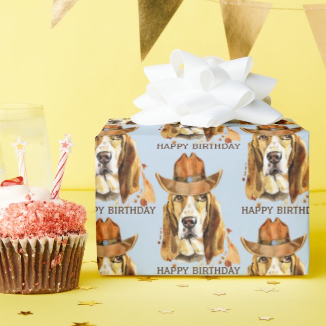 Papel De Regalo Bloodhound de cumpleaños con el Gorra Sheriff Cowb (Fiesta de cumpleaños )