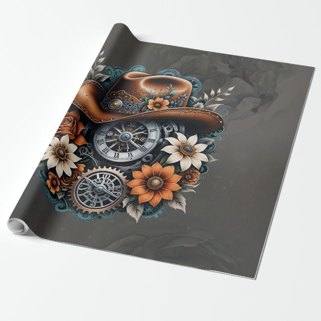 Papel De Regalo Blooming Gears: Estilo de vaquero Steampunk. (Desenrollado)