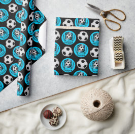 Papel De Regalo Blue and Black Personalized Soccer Custom Text 