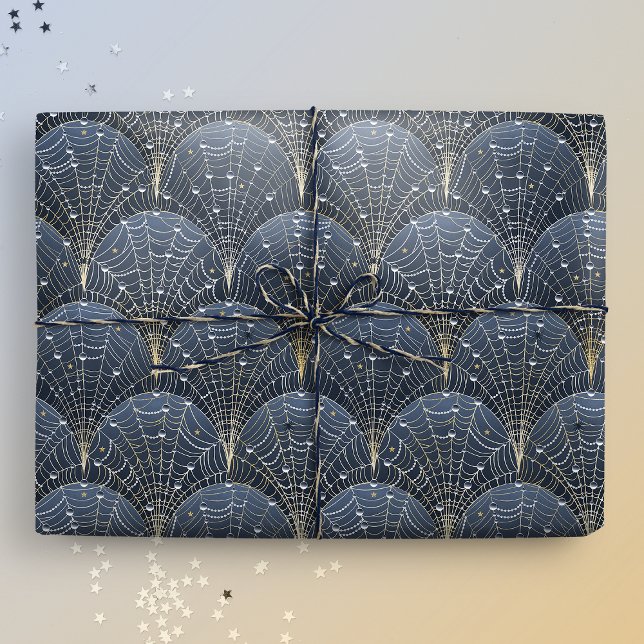 Papel De Regalo Blue and Gold Art Deco Cobweb Luxury (Gift mockup)