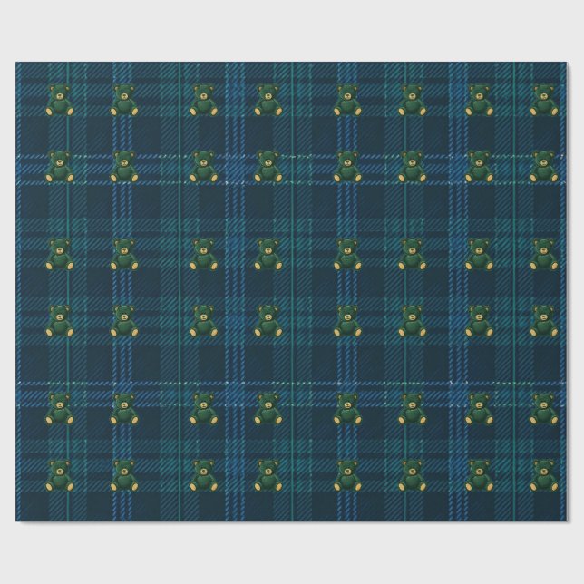 Papel De Regalo Blue and Green Plaid Teddy Bear Wrapping Paper (Superficie plana)