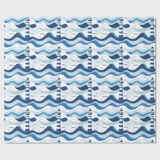 Papel De Regalo Blue and White Lighthouse Nautical  (Superficie plana)