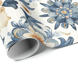 Papel De Regalo Blue & Beige Floral Tile Wrapping Paper, Antique