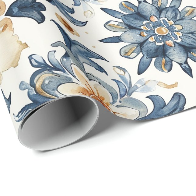 Papel De Regalo Blue & Beige Floral Tile Wrapping Paper, Antique  (Esquina del rollo)