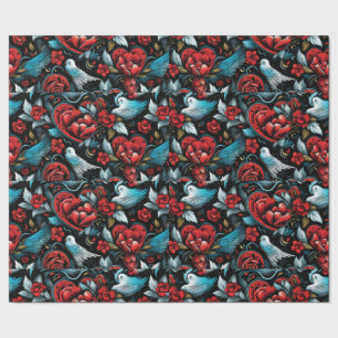 Papel De Regalo Blue Birds Tattoo Hearts Tema digital