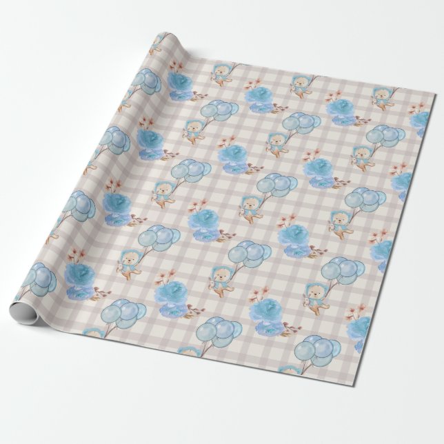 Papel De Regalo Blue Boho Bear Balloons Gingham Floral (Desenrollado)
