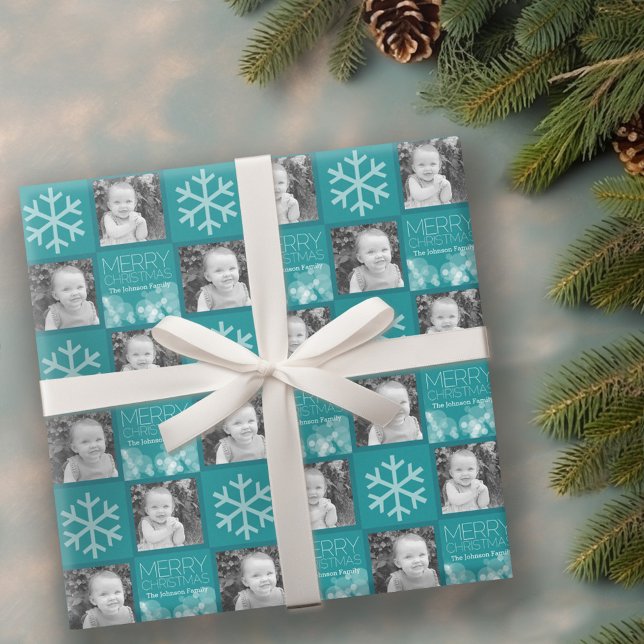 Papel De Regalo Blue Bokeh Modern Merry Christmas Photo (Personalized Wrapping paper - 2 Photos)