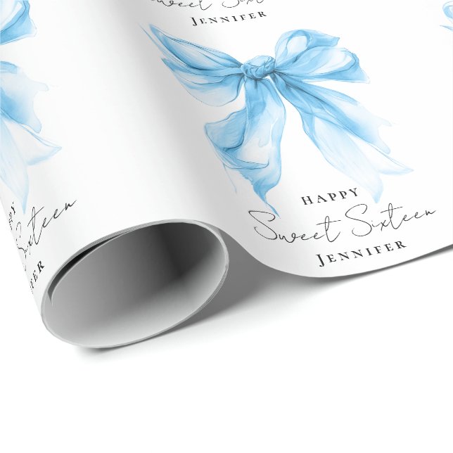 Papel De Regalo Blue Bow Coquette Script Sweet 16 Party  (Esquina del rollo)