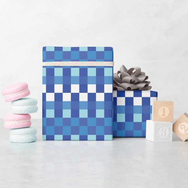 Papel De Regalo Blue Checkerboard Cute Modern (Baby Shower)