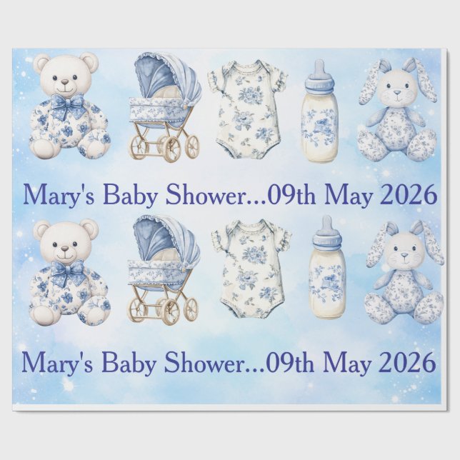 Papel De Regalo Blue Chinoiserie Baby Shower Wrapping Paper (Superficie plana)