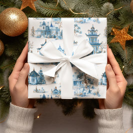 Papel De Regalo Blue Chinoiserie Christmas Village Wrapping Paper