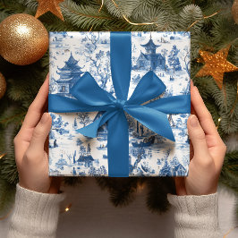 Papel De Regalo Blue Chinoiserie Village Christmas Wrapping Paper