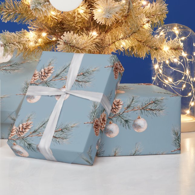 Papel De Regalo Blue Christmas Tree Pine Cones Ornaments   (Vacaciones)