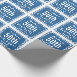 Papel De Regalo BLUE DIAGONAL PLAID 50th Birthday Party Z07L