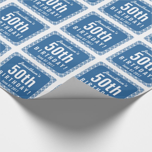 Papel De Regalo BLUE DIAGONAL PLAID 50th Birthday Party Z07L (Esquina)