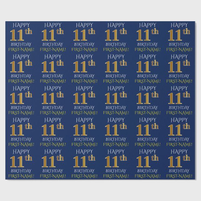 Papel De Regalo Blue, Faux Gold "FELIZ 11º CUMPLEAÑOS" (Superficie plana)