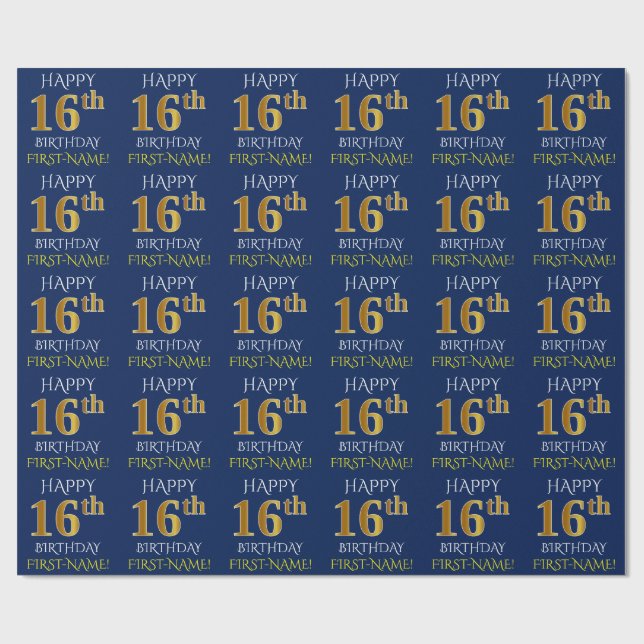 Papel De Regalo Blue, Faux Gold "FELIZ 16º CUMPLEAÑOS" (Superficie plana)