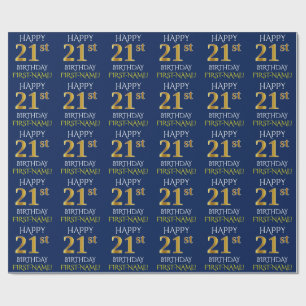 Papel De Regalo Blue, Faux Gold "FELIZ 21 cumpleaños"