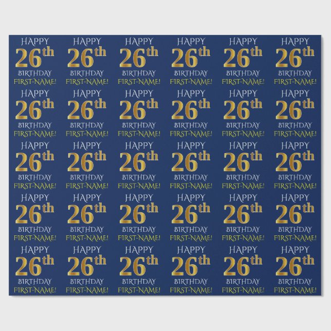 Papel De Regalo Blue, Faux Gold "FELIZ 26º CUMPLEAÑOS" (Superficie plana)