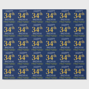 Papel De Regalo Blue, Faux Gold "FELIZ 34 cumpleaños"