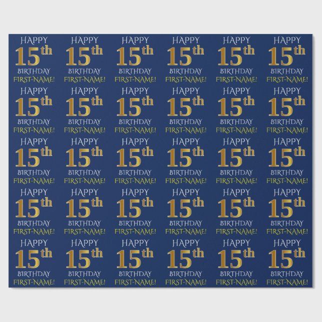 Papel De Regalo Blue, Faux Gold "FELIZ CUMPLEAÑOS 15" (Superficie plana)
