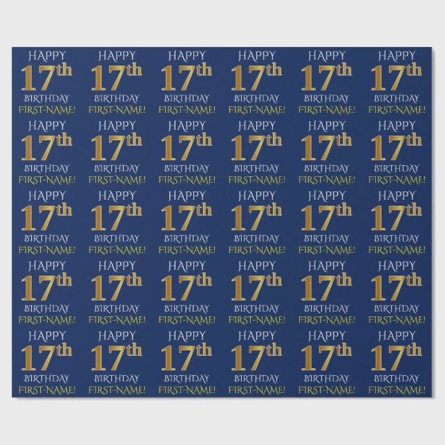 Papel De Regalo Blue, Faux Gold "FELIZ CUMPLEAÑOS 17" (Superficie plana)