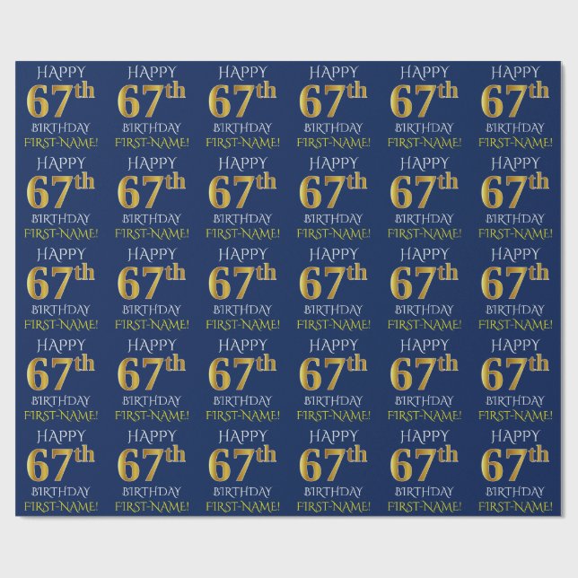 Papel De Regalo Blue, Faux Gold "FELIZ CUMPLEAÑOS 67" (Superficie plana)