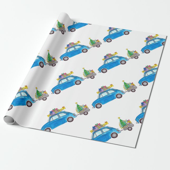 Papel De Regalo Blue Fiat 500 con Navidades Regalos acuarela (Desenrollado)