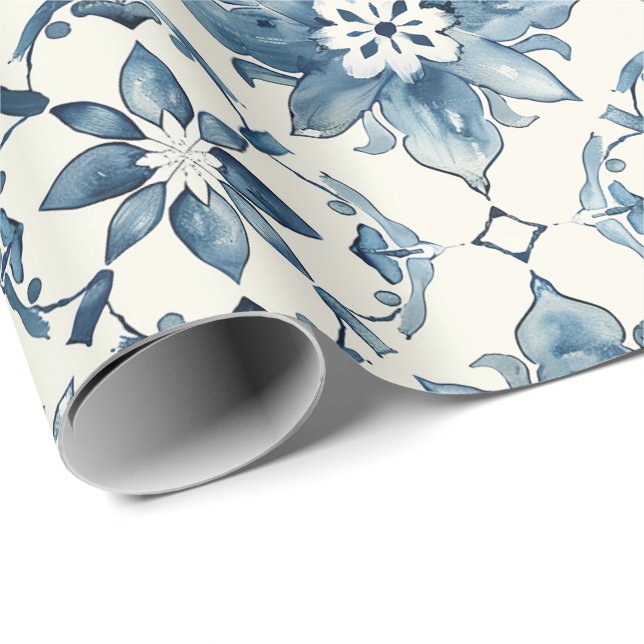 Papel De Regalo Blue Floral Tile Pattern Gift Wrap (Esquina del rollo)