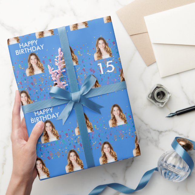 Papel De Regalo Blue Funny Personalizado Face Foto 15 cumpleaños (Regalar)