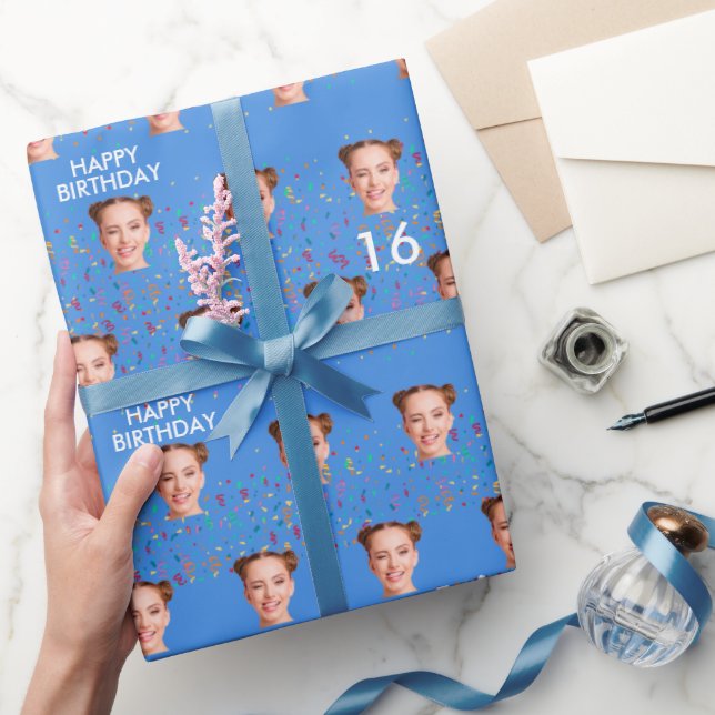 Papel De Regalo Blue Funny Personalizado Face Foto 16th Birthday P (Regalar)