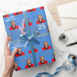 Papel De Regalo Blue Funny Personalizado Face Foto 25th Birthday P<br><div class="desc">Personalizado gracioso papel de envoltura fotográfica para un cumpleaños número 25. Diseño con confeti, fondo azul y un mensaje de feliz cumpleaños. Para cambiar el color, haga clic en el botón para editar el diseño. Para hacer el recorte de la foto puedes descargar cualquier aplicación móvil gratuita, o usar Canva,...</div>