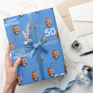 Papel De Regalo Blue Funny Personalizado Face Foto 50 cumpleaños