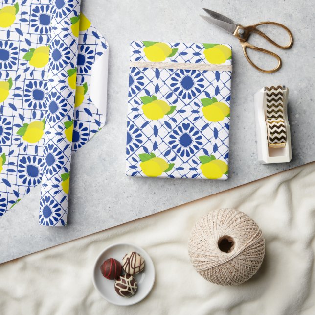 Papel De Regalo Blue Geometric Lemon Tile (Artesanía)