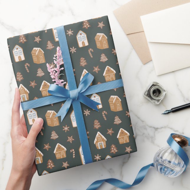 Papel De Regalo Blue Gingerbread House Christmas Pattern (Regalar)