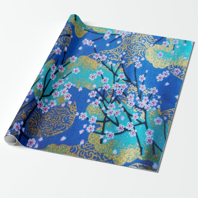 Papel De Regalo Blue Gold Japonesa Cherry Blossom Decoupage (Desenrollado)