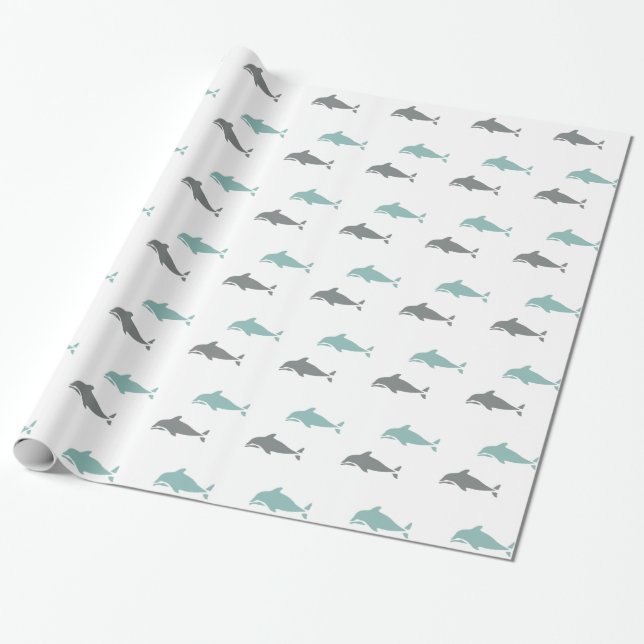 Papel De Regalo Blue Gray Beach Ocean Dolphins Cumpleaños (Desenrollado)