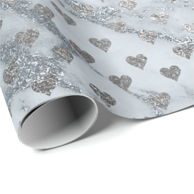 Papel De Regalo Blue Gray Silver Marble Stone Hearts Confetti (Esquina del rollo)