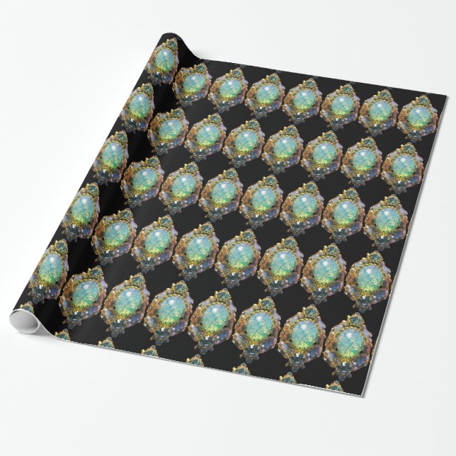 PAPEL DE REGALO BLUE GREEN OPAL, ART NOUVEAU GOLD JEWEL (Desenrollado)