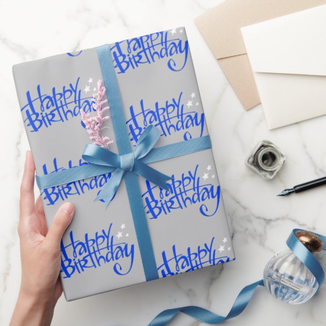 Papel De Regalo Blue Happy Birday on Gray (Regalar)