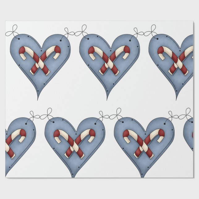 Papel De Regalo Blue Heart with Candy Canes Country Christmas (Superficie plana)