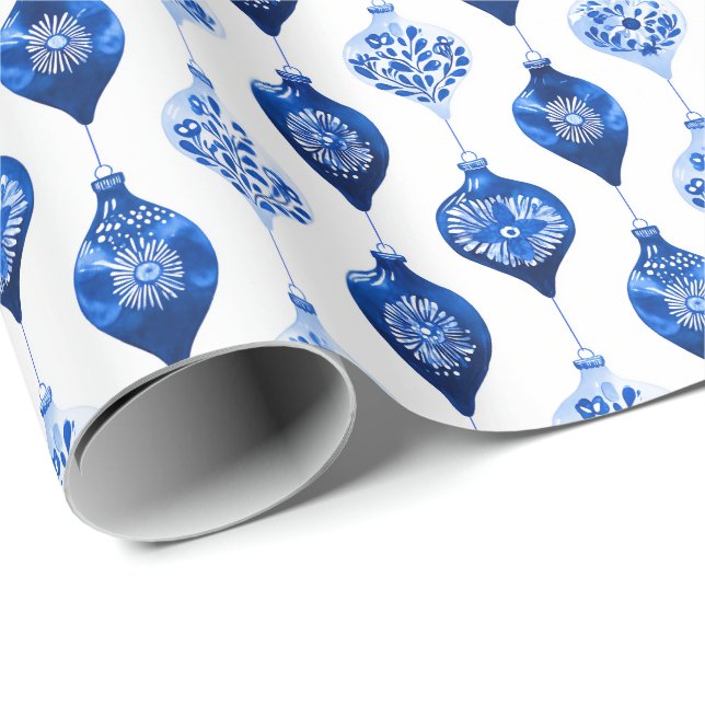Papel De Regalo Blue Holiday Ornament Pattern (Esquina del rollo)