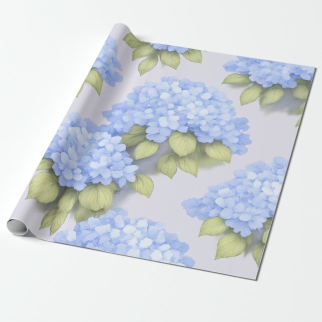 Papel De Regalo Blue Hydrangea Floral Wrapping Paper (Desenrollado)