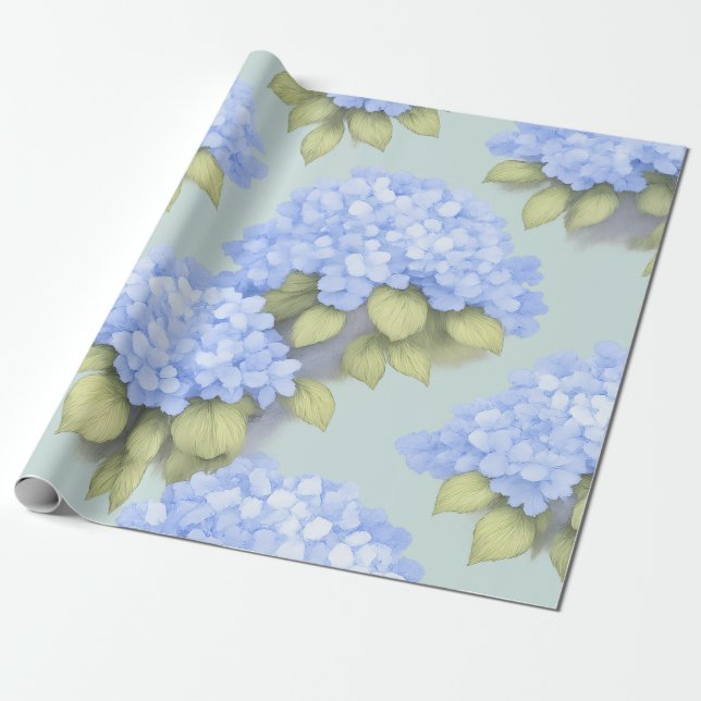 Papel De Regalo Blue Hydrangea Floral Wrapping Paper (Desenrollado)