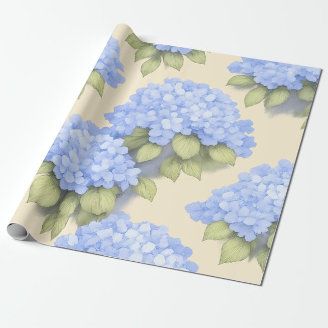 Papel De Regalo Blue Hydrangea Floral Wrapping Paper (Desenrollado)