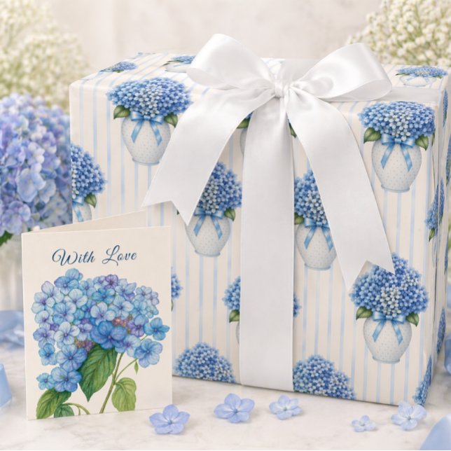 Papel De Regalo Blue Hydrangea Vase Coastal Wrapping Paper (Create a beautiful gift with hydrangea wrap and matching card—shop the complete look today)