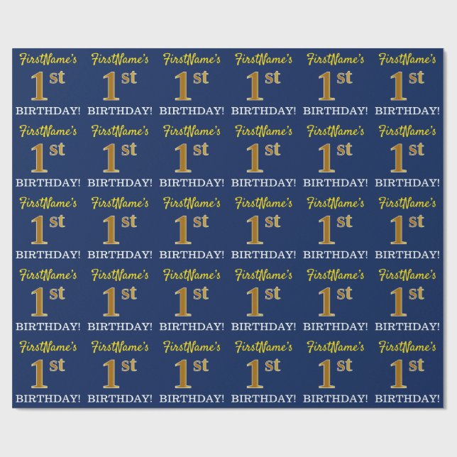 Papel De Regalo Blue, Imitation Gold Look "1ᵉʳ BIRTHDAY" (Superficie plana)