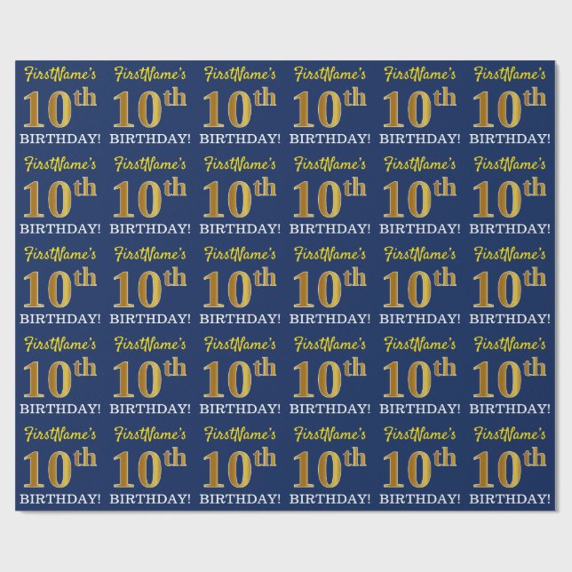 Papel De Regalo Blue, Imitation Gold Look "10th BIRTHDAY" (Superficie plana)